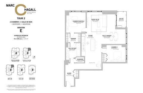 Floor plan for 2 beds, 1 bath, 1236 sqft